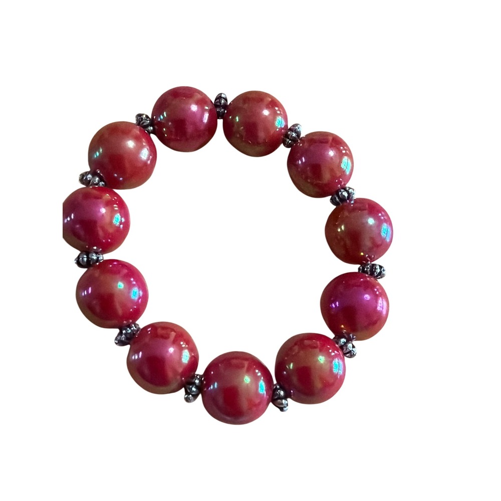 Red Iridescent Bead Stretch Bracelet Silver Tone Spacer Faux Pearl